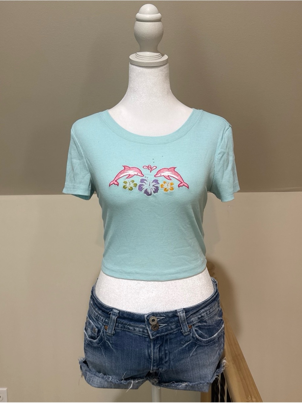 Dolphin Embroidered Crop Tee